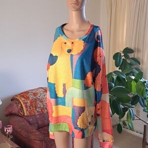 Colorful Poodle Print Sweater L Oversized